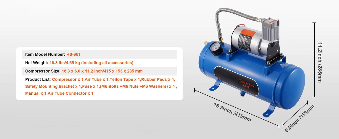 12V Train Horn Air Compressor with 3/6L Tank, 120 PSI