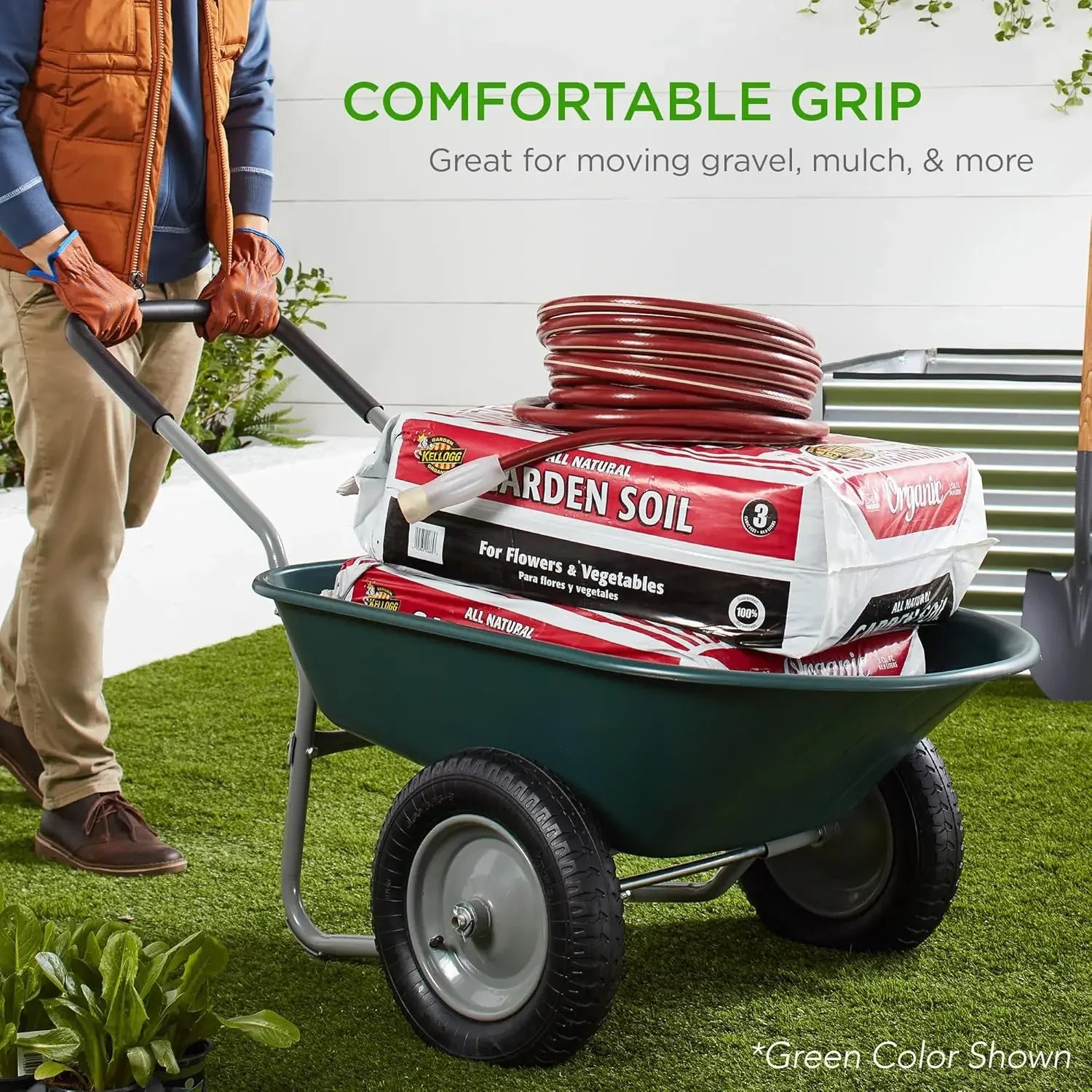 Dual-Wheel Home Utility Yard Wheelbarrow Garden Cart w/Built-in Stand for Lawn, Gardening, Construction - Gray