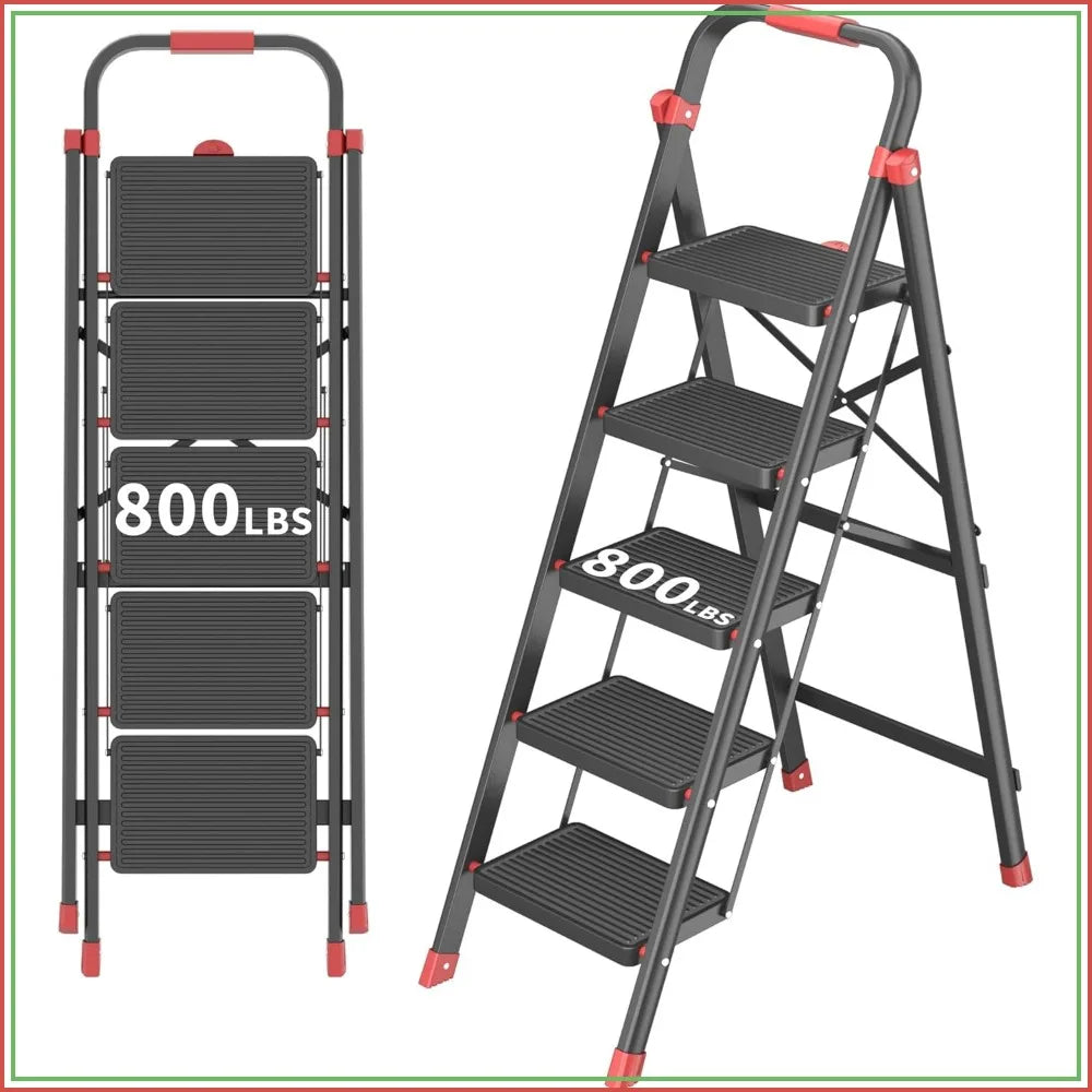 5-Step Folding Ladder 800 lbs - Anti-Slip, Black