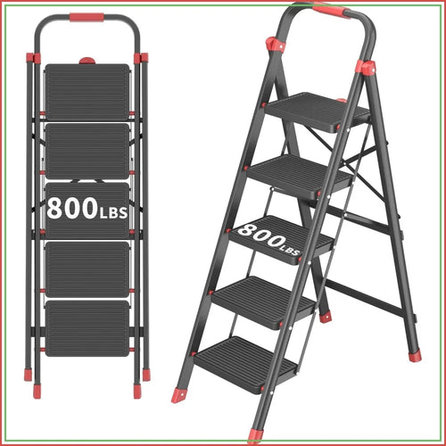 5-Step Folding Ladder 800 lbs - Anti-Slip, Black