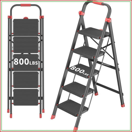 5-Step Folding Ladder 800 lbs - Anti-Slip, Black