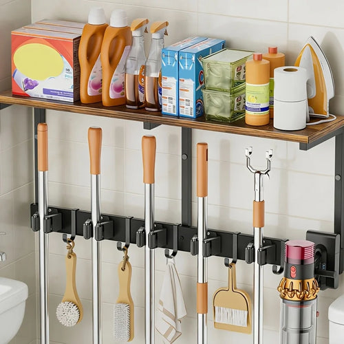 Wall-Mounted Broom & Mop Holder with Wood Storage Shelf