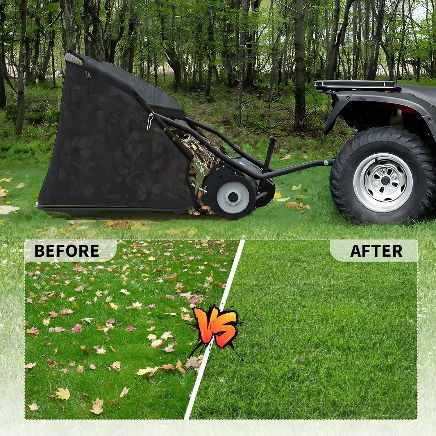 44" Heavy Duty Tow Behind Lawn Sweeper with Adjustable Brush, 25 cu ft Capacity for Leaves & Grass
