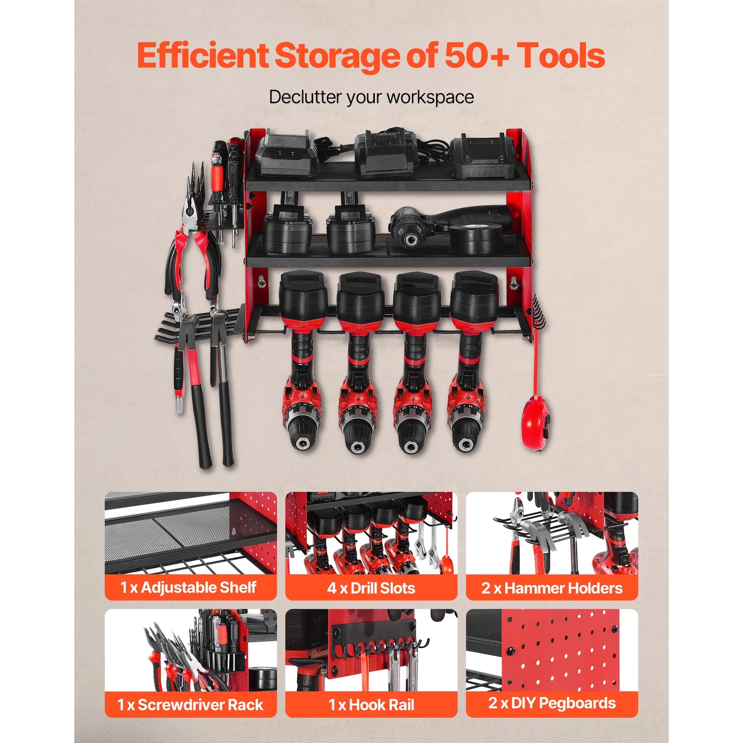 3-Layer Power Tool Wall Mount Storage Rack - Pegboard