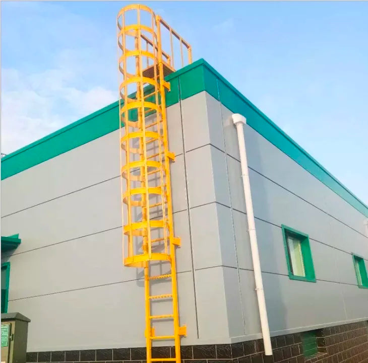 Outdoor Vertical Cage Ladders Steel Fiberglass FRP Material Angled Steel Cat Cage Step Ladder for Fire Escape Access