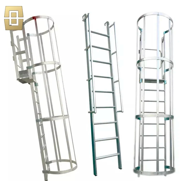 Outdoor Vertical Cage Ladders Steel Fiberglass FRP Material Angled Steel Cat Cage Step Ladder for Fire Escape Access