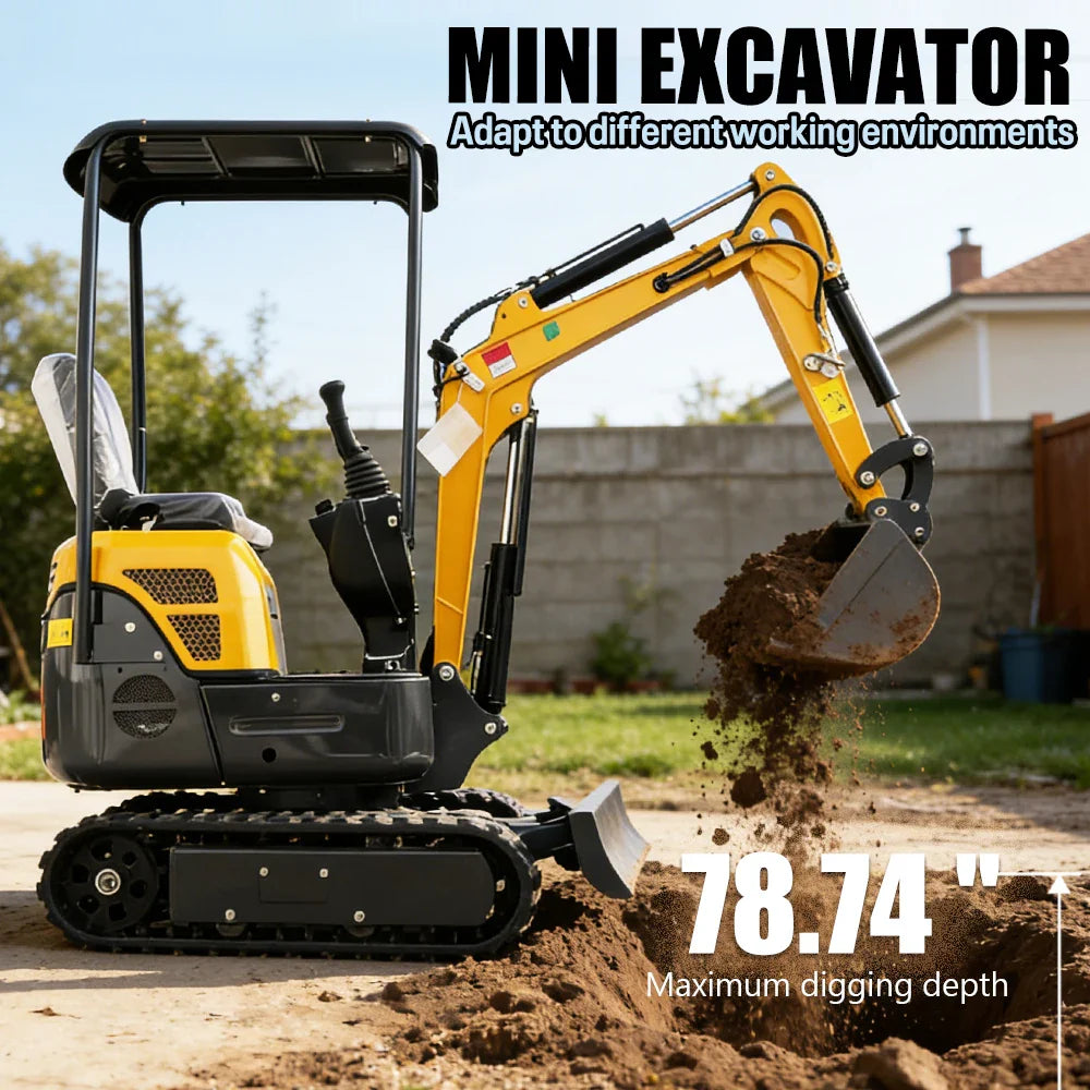 Mini Crawler Excavator 1.2 Ton EPA Engine Small Digger for Garden Farm Engineering Work, Multiple Auxiliary Tools Compatible.