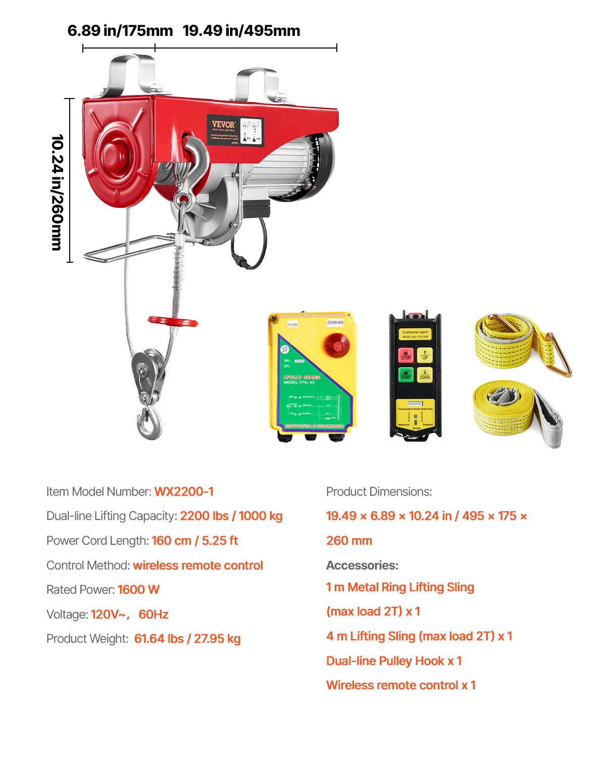 Electric Cable Hoist Winch 1320-2200 lbs with Remote