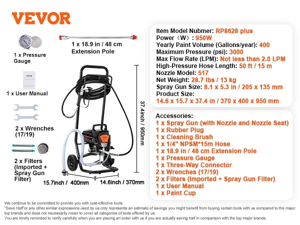 750W 950W Airless Paint Sprayer 3000PSI High Efficiency Electric Airless Sprayer Handheld Paint Sprayers Home Interior