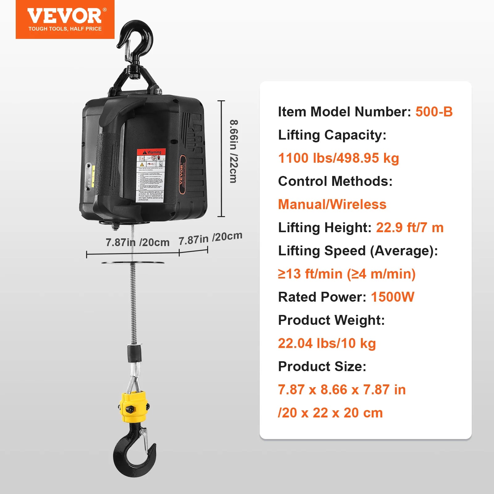 1100 lbs Electric Hoist Winch 1500W Portable Power Crane with Wireless Remote Control for Warehouse Factory Lifting