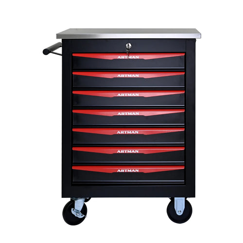 7-Drawer Rolling Tool Cabinet - Lockable Steel, Red