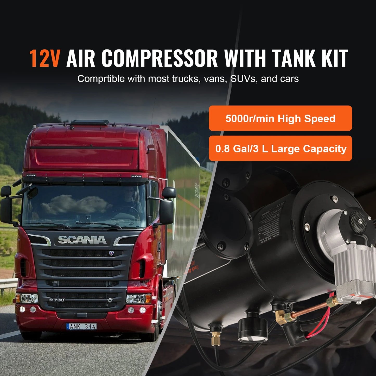 12V Train Horn Air Compressor with 3L Tank, 120 PSI