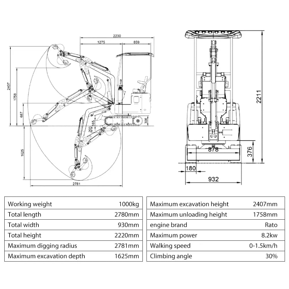 13.5hp 1 Ton Mini Excavator Trench Digger with Ceiling,Mechanical Thumb clamp, CE/EPA/EURO5 compliance certificates