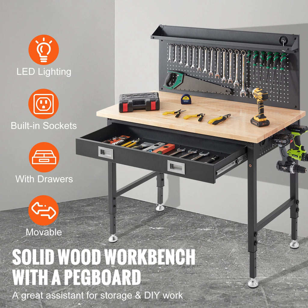 2000lbs Hardwood Workbench Oak Plank Garage Work Table Carbon Steel with 3m Cable 30 Hooks for Garage Office Workshop