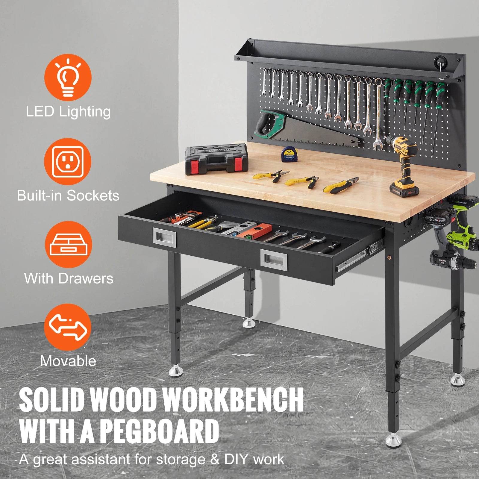 2000lbs Hardwood Workbench Oak Plank Garage Work Table Carbon Steel with 3m Cable 30 Hooks for Garage Office Workshop