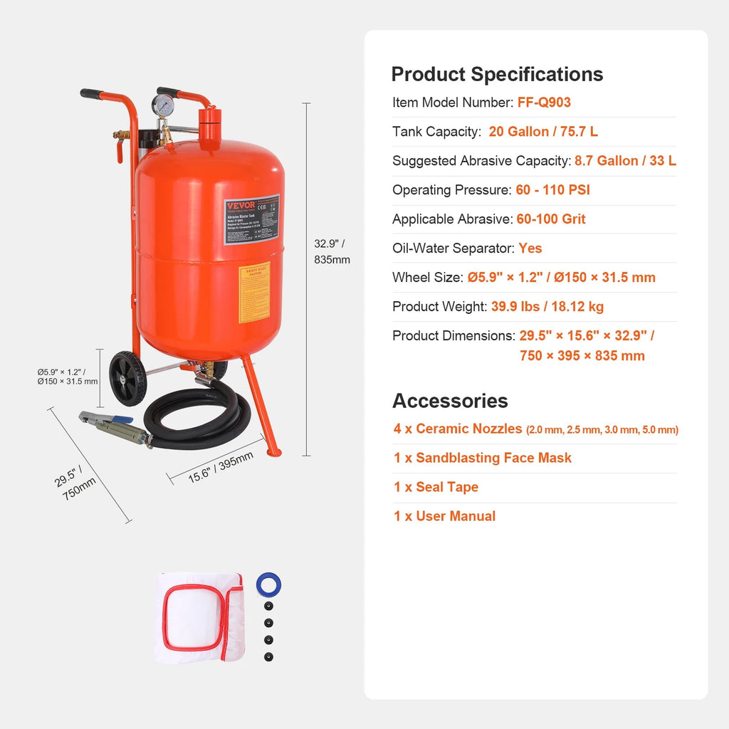 5/10/20 Gallon Sand Blaster 60-110 PSI Portable Air Sandblaster Kit w/ Oil-Water Separator for Paint Stain Rust Removal