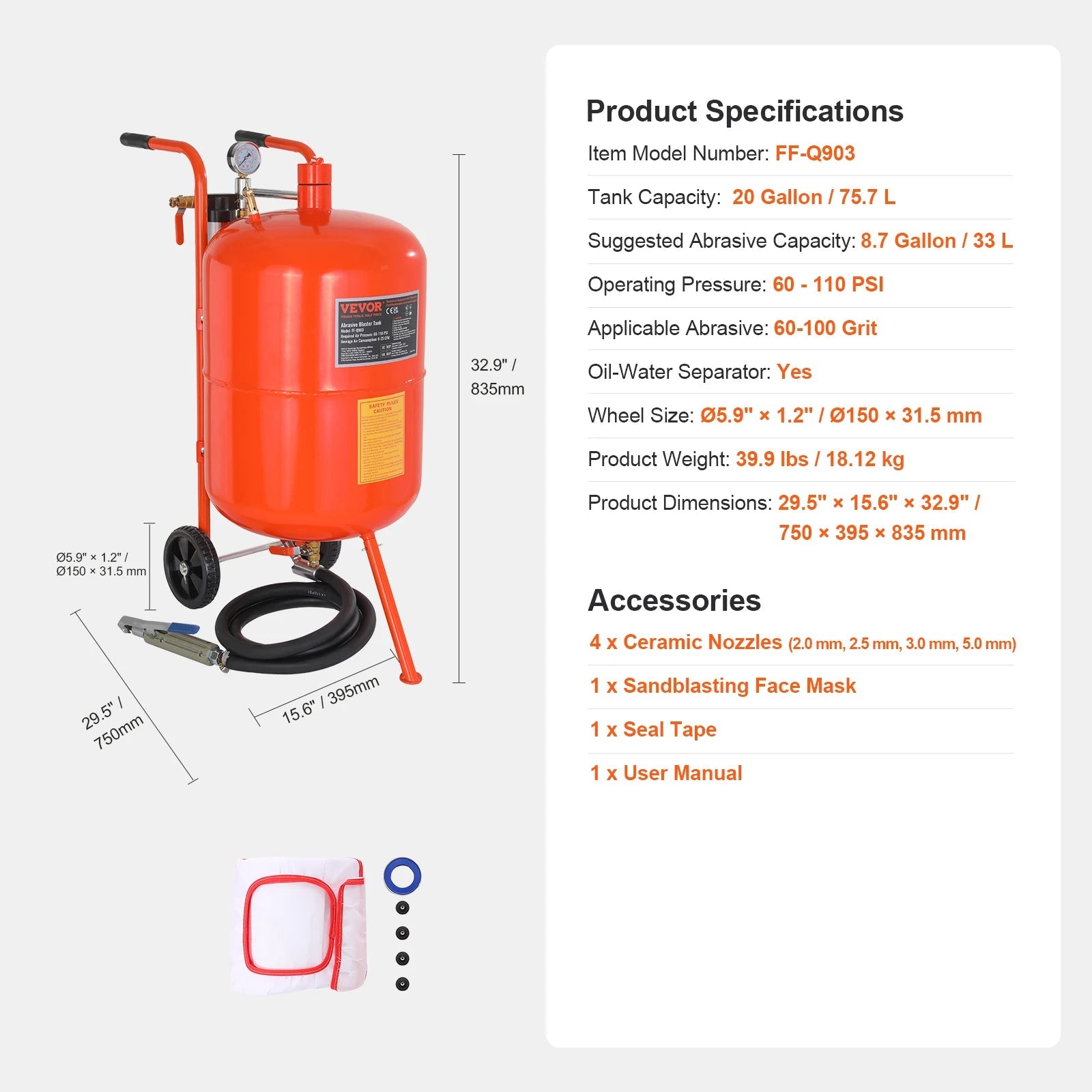 5/10/20 Gallon Sand Blaster 60-110 PSI Portable Air Sandblaster Kit w/ Oil-Water Separator for Paint Stain Rust Removal