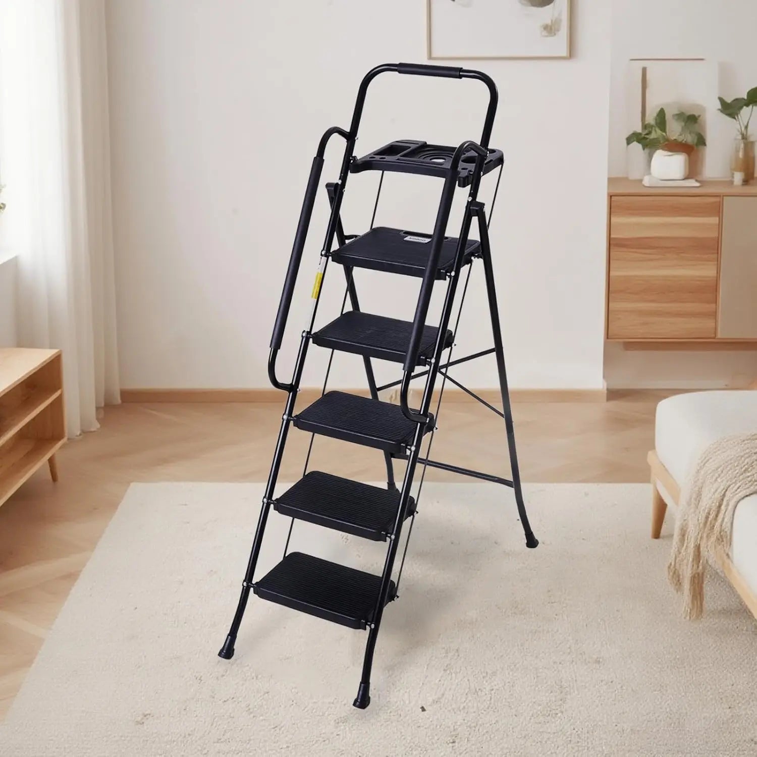 5 Step Folding Ladder with Handrails, 500 Lbs Capacity, Anti-Slip Pedals & Tool Platform for Home Kitchen Office