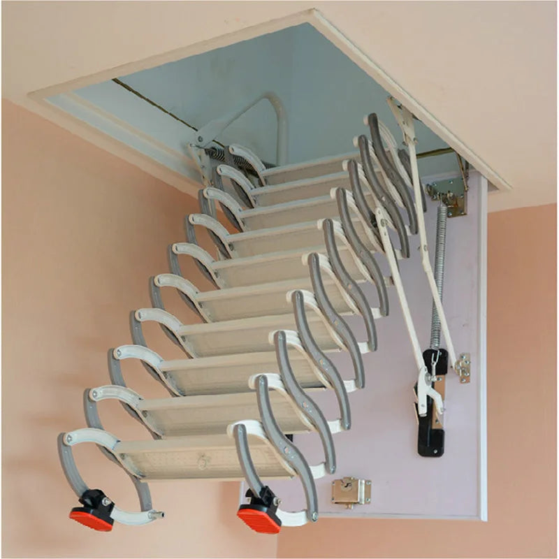 Steel attic Telescopic Ladder with hatch Ceiling fold Stairs Home  loft Ladder Pull Down Custom Size 5ft-12ft