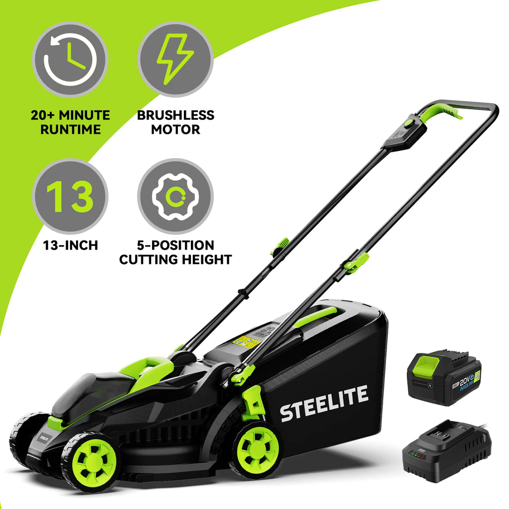 Deli 13" Electric Lawn Mower, 2-in-1 Lightweight Cordless Lawn Mower Brushless with 21V 4.0Ah Battery and Charger