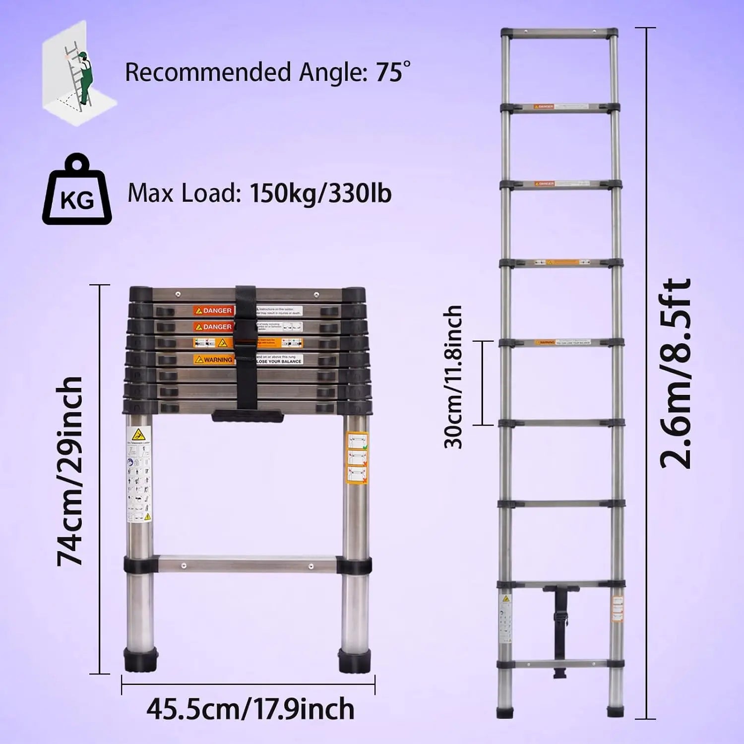 Ladder Stainless Steel Folding Ladder Portable Extendable Loft Ladder Capacity Max Load 150kg/330lb,EN131