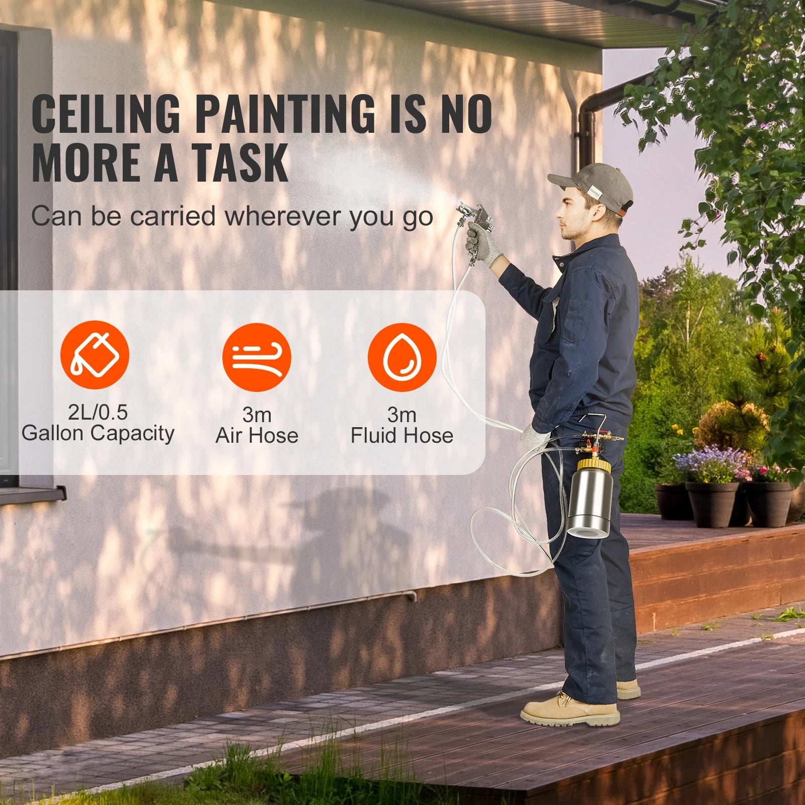 2L/0.5gal Spray Paint Pressure Pot Tank Lightweight Air Paint Pressure Pot 1.8mm Nozzle Spray Paint Gun 3m Hoses