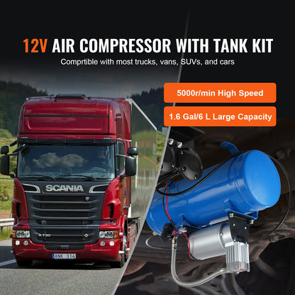 12V Train Horn Air Compressor with 3/6L Tank, 120 PSI