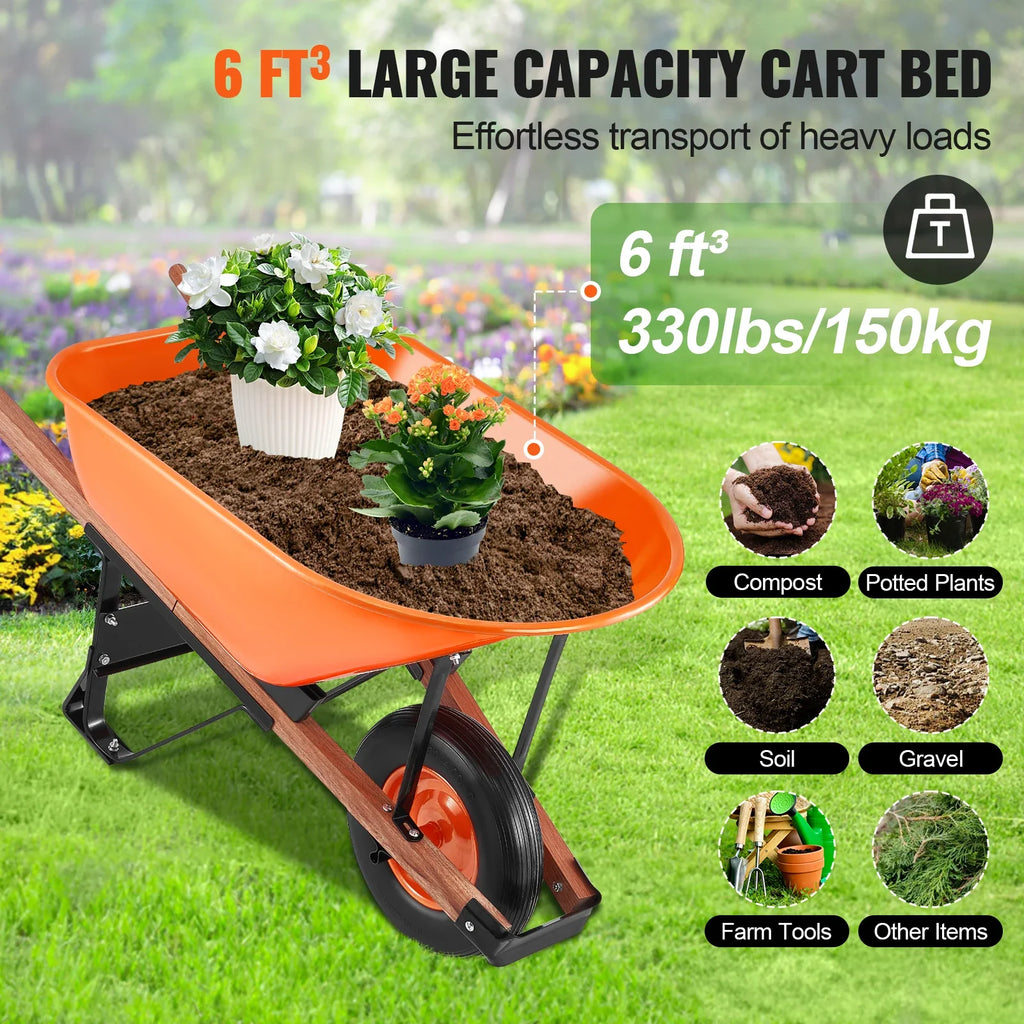 Wheelbarrow Cart 330lbs Capacity One Wheel Garden Dump Cart Wheel Barrow with Handle &  16"  Wide Track Wheels for Farm