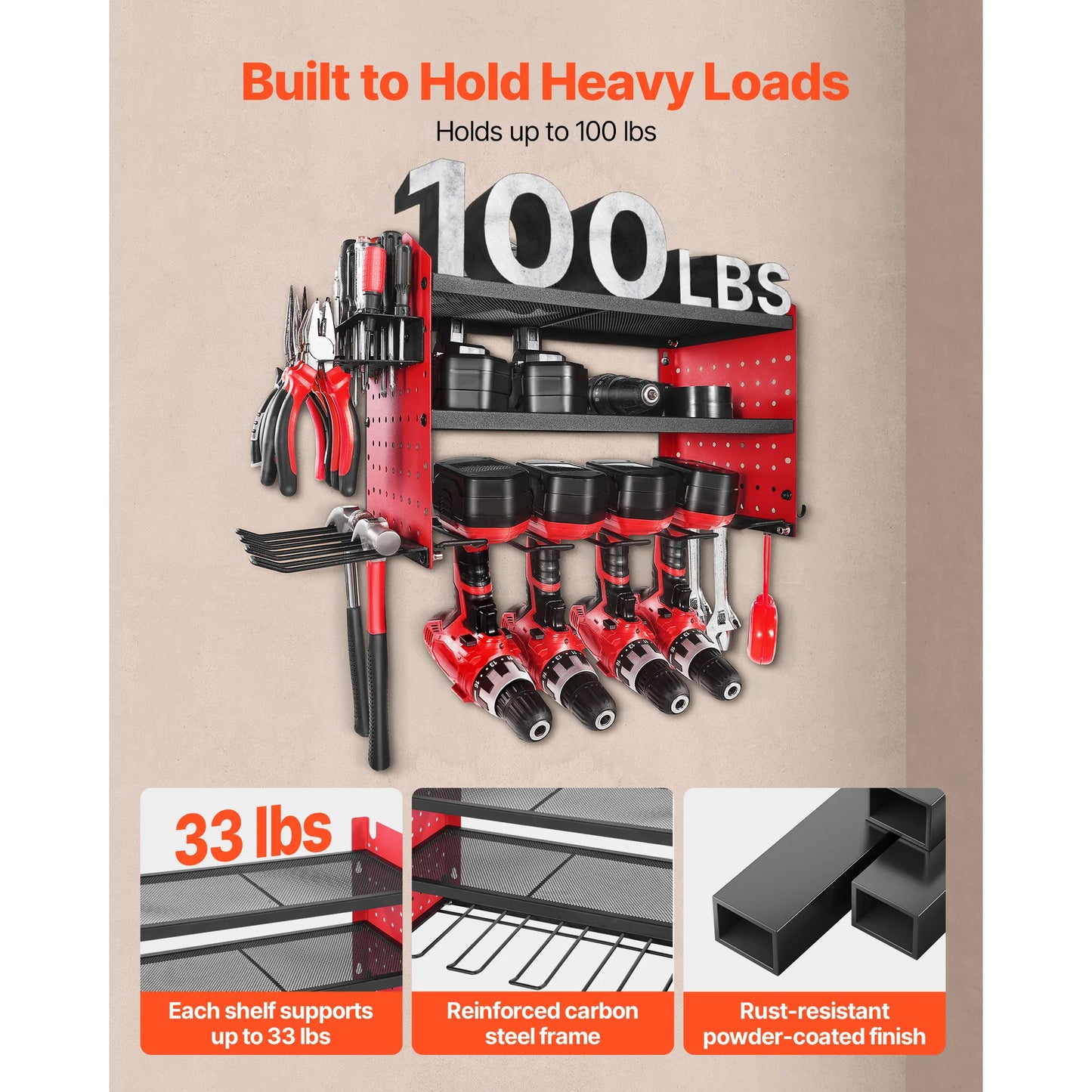3-Layer Power Tool Wall Mount Storage Rack - Pegboard