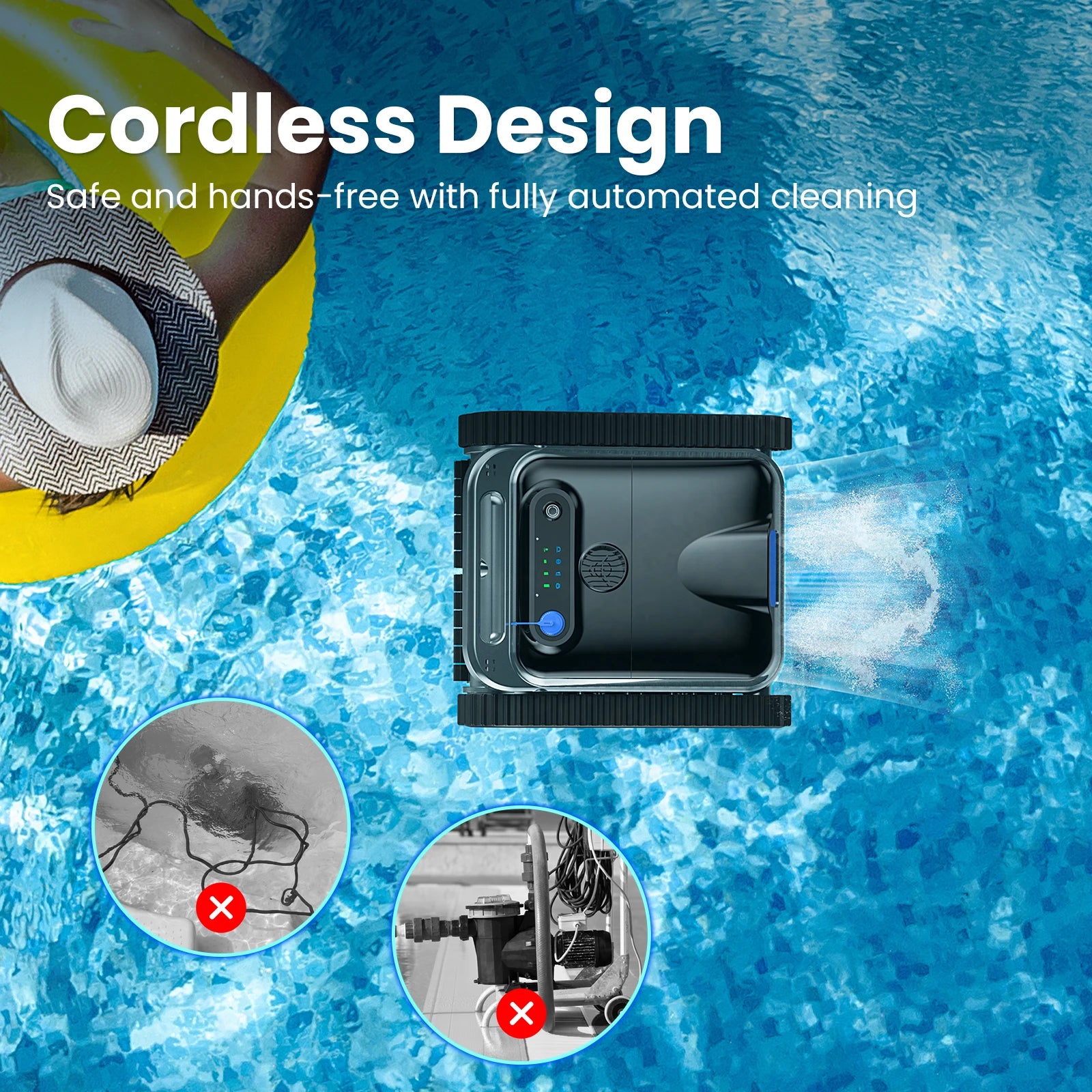 Robot Swimming Pool Cleaner 130Mins Runtime Self-Parking Powerful Cordless Floor Wall Auto Cleaning