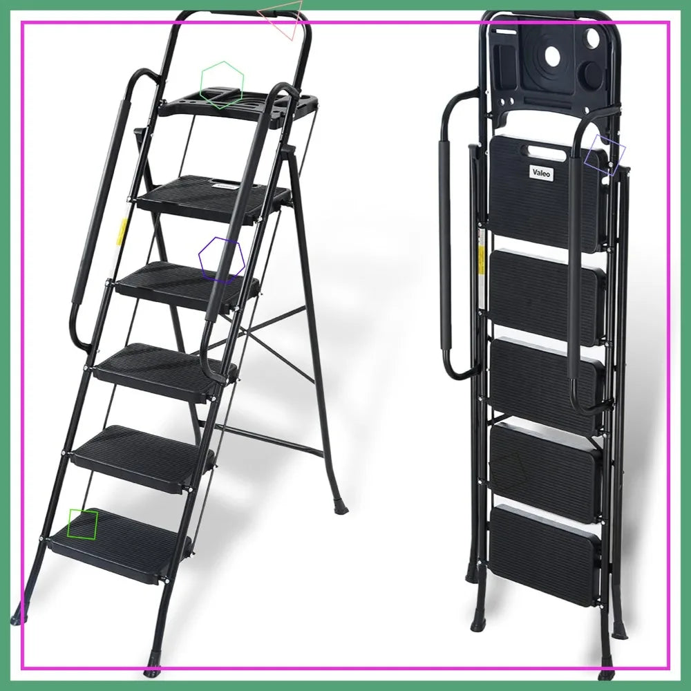 5 Step Folding Ladder with Handrails, 500 Lbs Capacity, Anti-Slip Pedals & Tool Platform for Home Kitchen Office