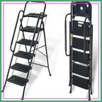5 Step Folding Ladder with Handrails, 500 Lbs Capacity, Anti-Slip Pedals & Tool Platform for Home Kitchen Office