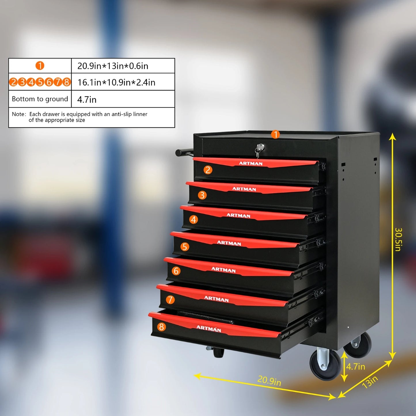 7-Drawer Rolling Tool Cabinet - Lockable Steel, Red
