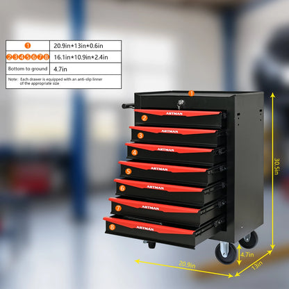 7-Drawer Rolling Tool Cabinet - Lockable Steel, Red