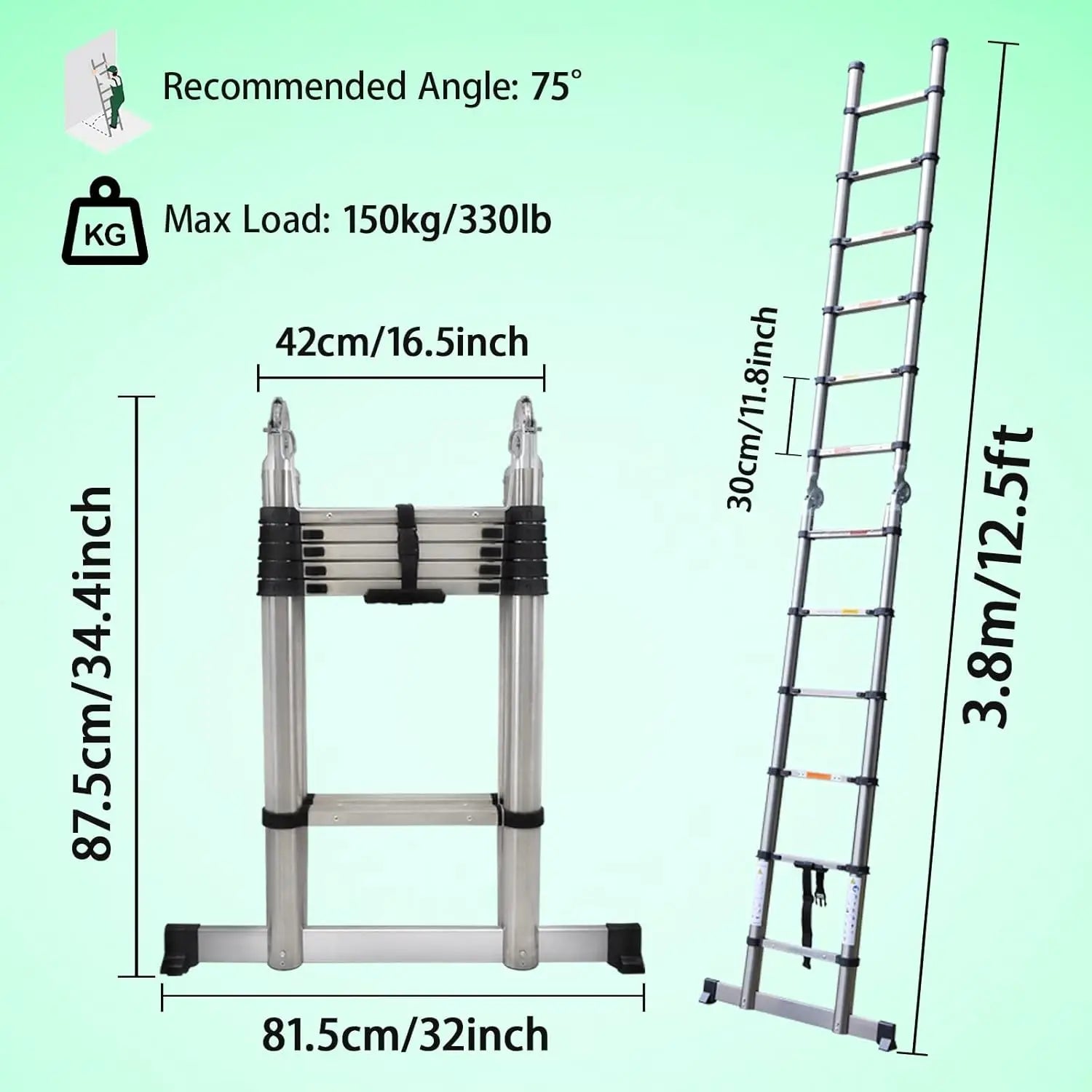 Telescoping Ladder Stainless Steel Folding Ladder Portable Extendable Loft Ladder Capacity Max Load 150kg/330lb,EN131
