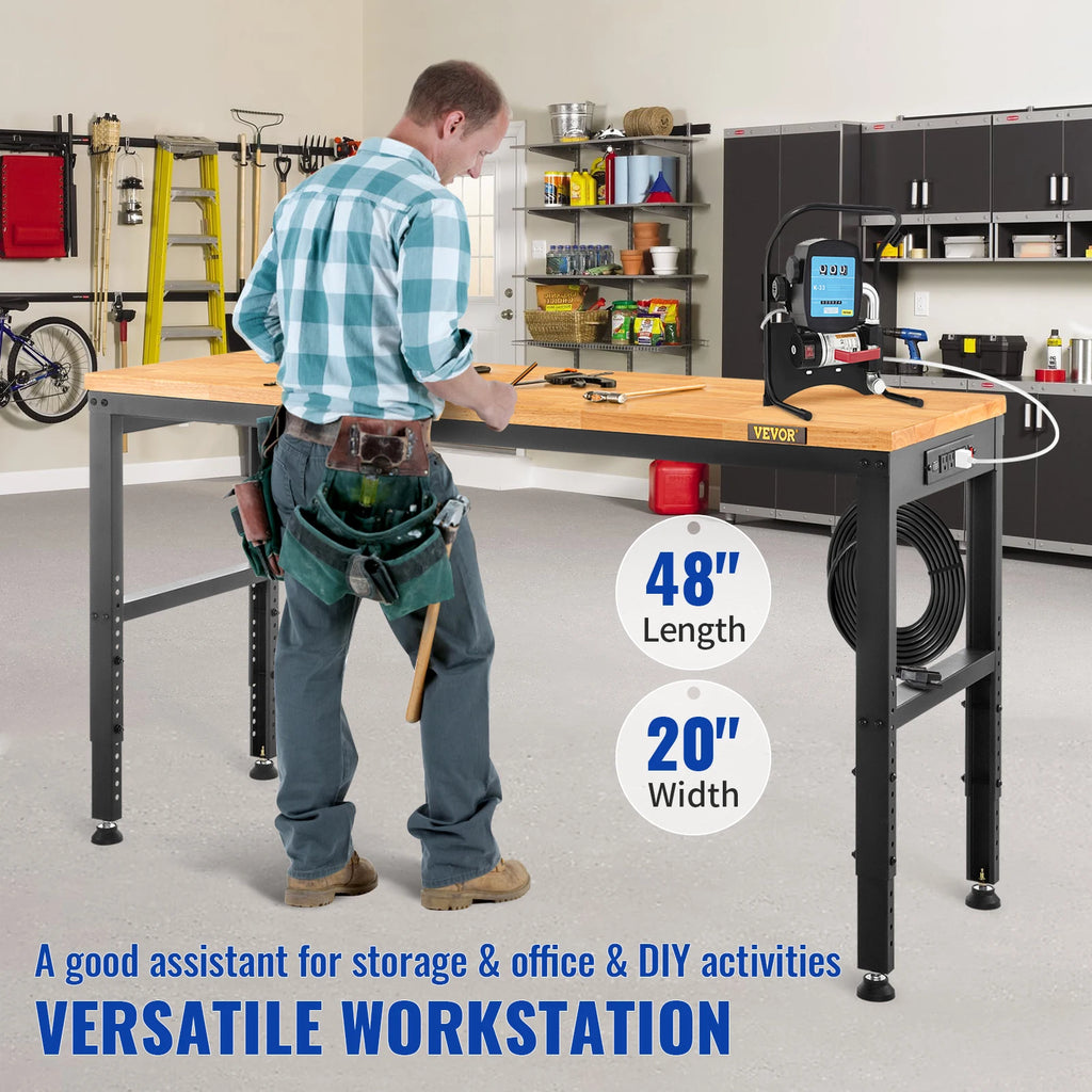 2000 lbs Adjustable Garage Workbench 48/61" L x 20" W Work Table with 28.3"-38.1" Height & Hardwood Top for Office Home
