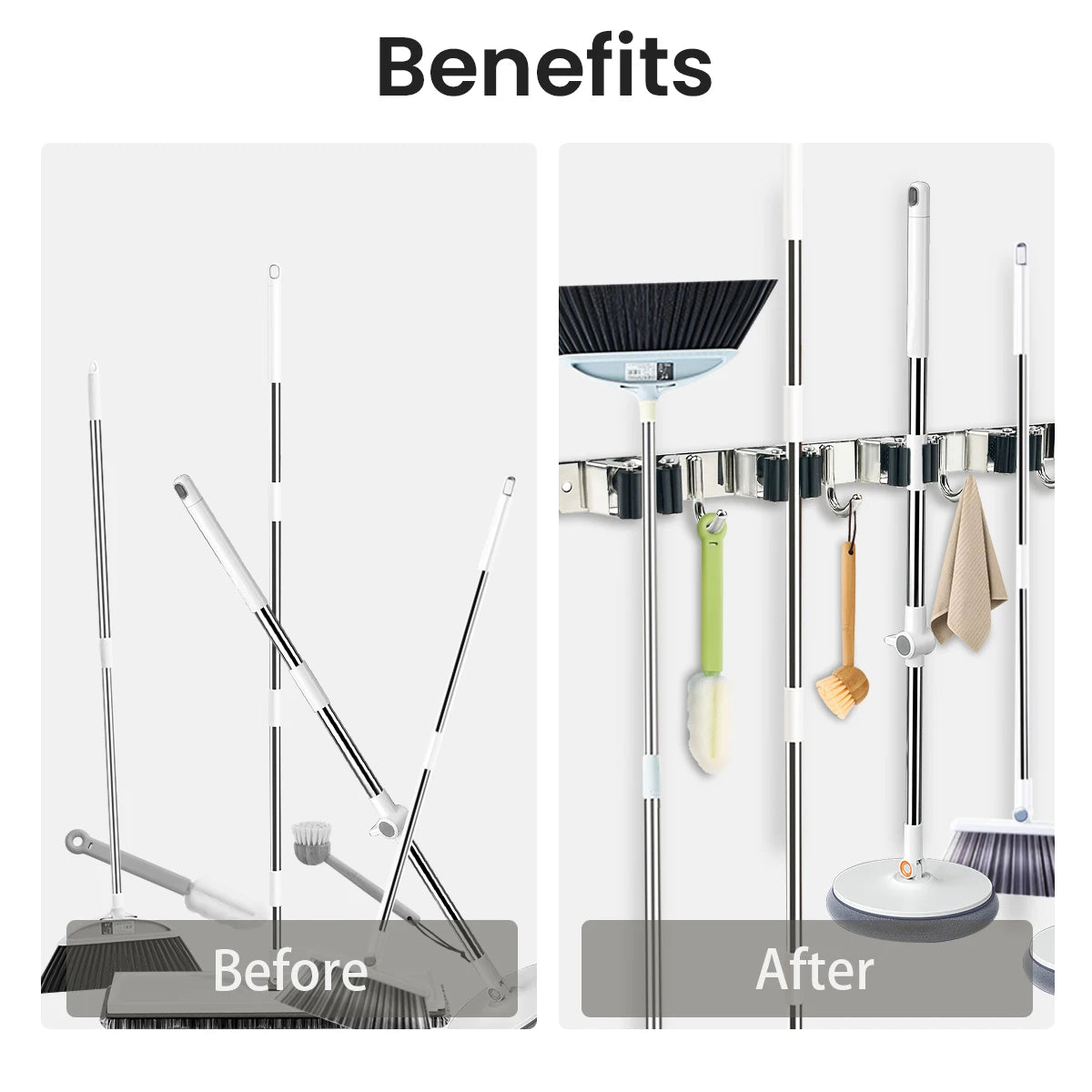 4-Hook Adhesive Broom & Mop Wall Organizer