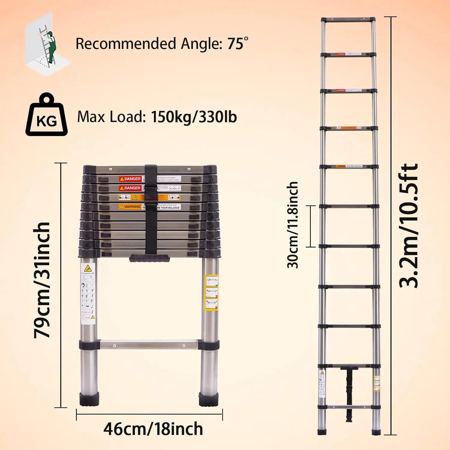 Telescoping Ladder Stainless Steel Folding Ladder Portable Extendable Loft Ladder Capacity Max Load 150kg/330lb,EN131
