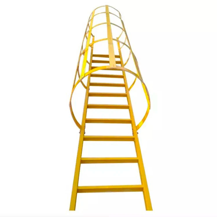 Outdoor Vertical Cage Ladders Steel Fiberglass FRP Material Angled Steel Cat Cage Step Ladder for Fire Escape Access