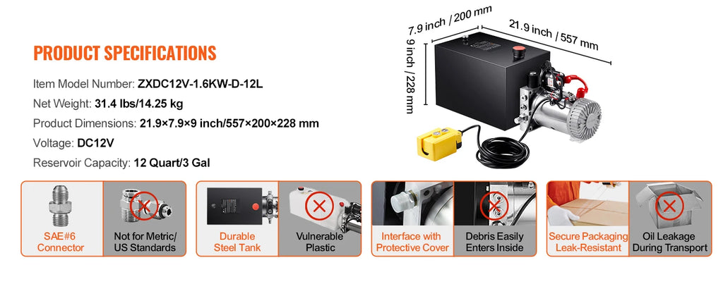 Hydraulic Pump 4-20 Quart Dump Trailer Pump Single Acting Dump Trailer Pump DC 12V Hydraulic Power Unit for Car Lifting