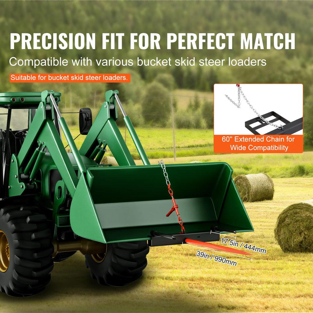 39" Hay Spear Bale Spears 1600lbs Loading Capacity Skid Steer Loader Tractor Bucket Attachment with 17.5" Stabilizer