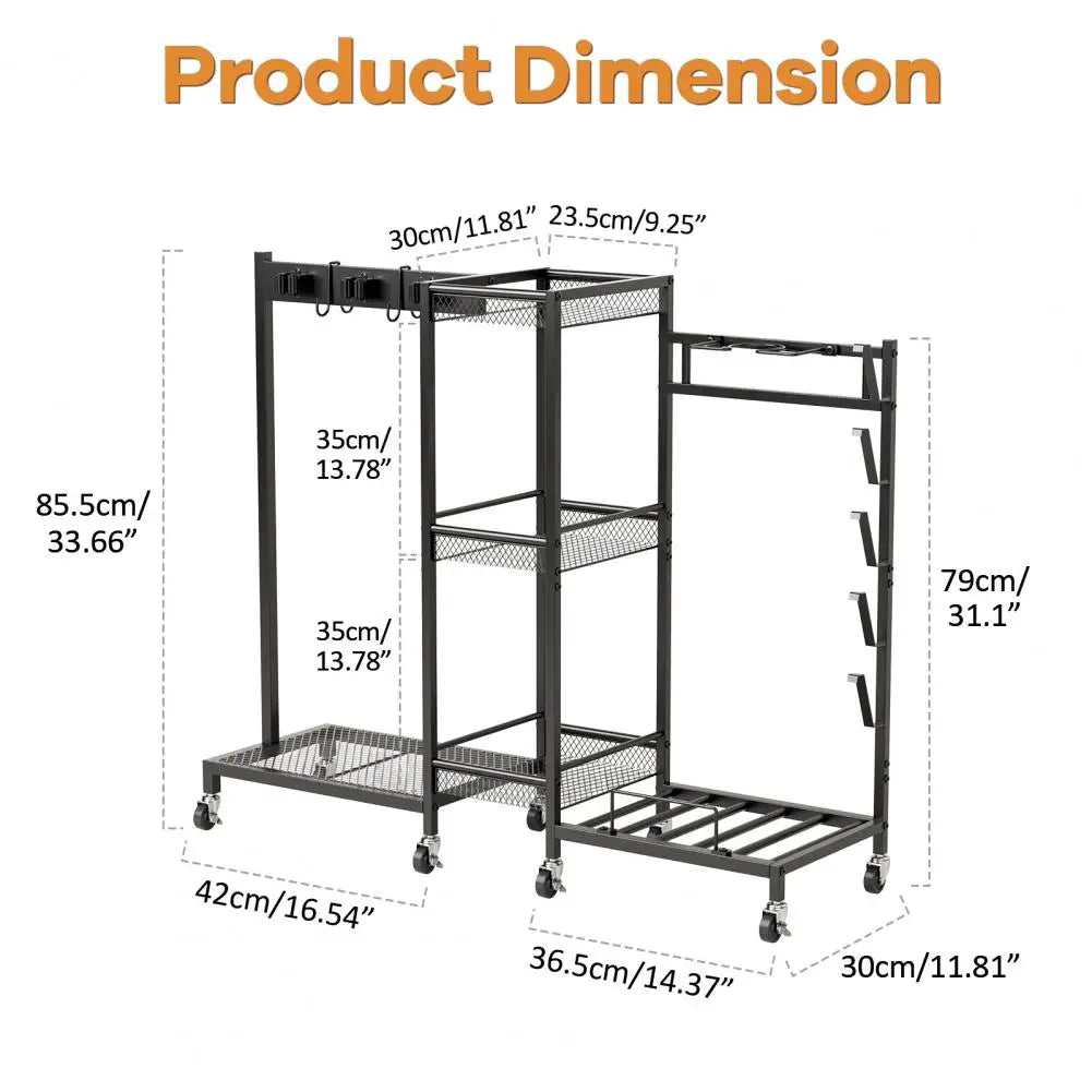 3-Tier Rolling Broom & Mop Storage Rack with Brakes