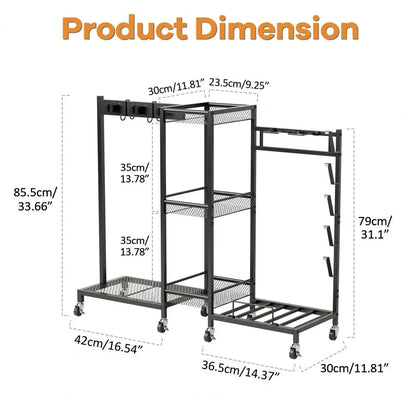 3-Tier Rolling Broom & Mop Storage Rack with Brakes