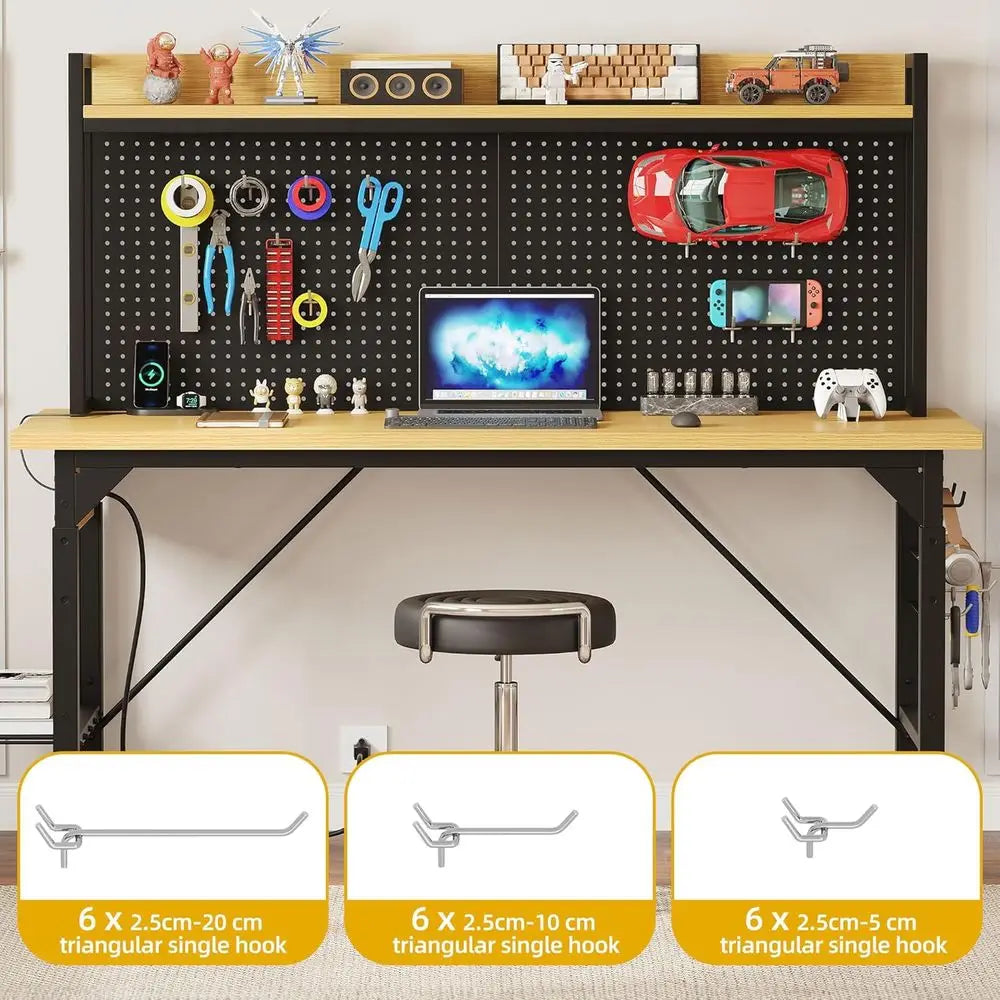 60" Adjustable Workbench with Pegboard, Heavy Duty Wood Top Work Bench with Wheels, 1600 LBS Load acity, Rolling Work Table with