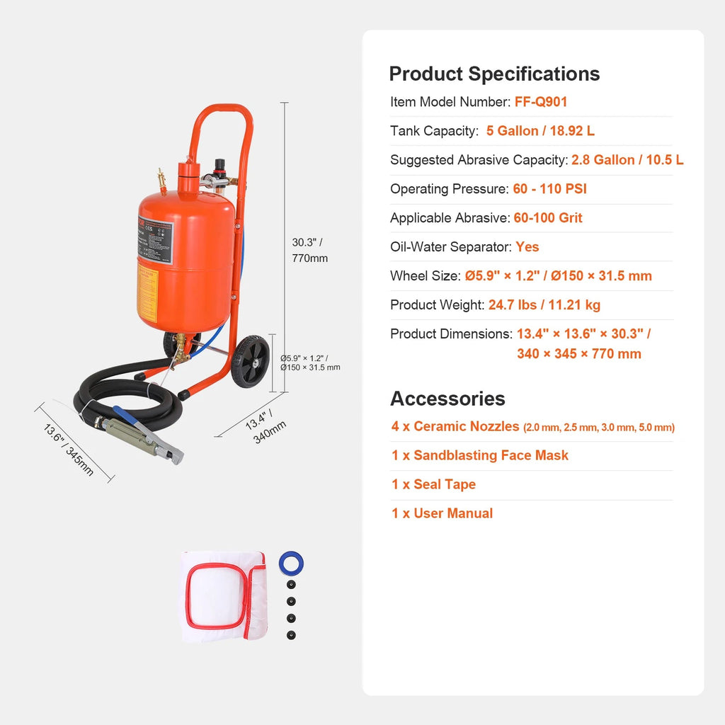 5/10/20 Gallon Sand Blaster 60-110 PSI Portable Air Sandblaster Kit w/ Oil-Water Separator for Paint Stain Rust Removal