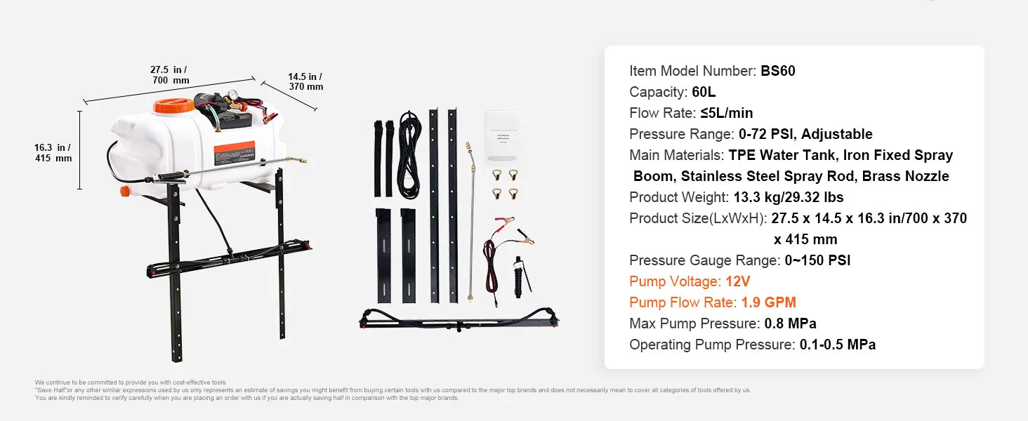 ATV Spot Sprayer 15.9 Gal/60 L ATV/UTV Broadcast Sprayer with Nozzle Boom 12 V Pump Weed Sprayer with Water Tank White