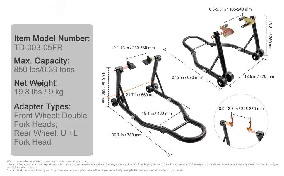 Motorcycle Stand Lift 850lbs Front Rear Combo Stand Lift Stand Front&Rear Wheel Fork Stand Heavy Duty Rear Wheel Stand