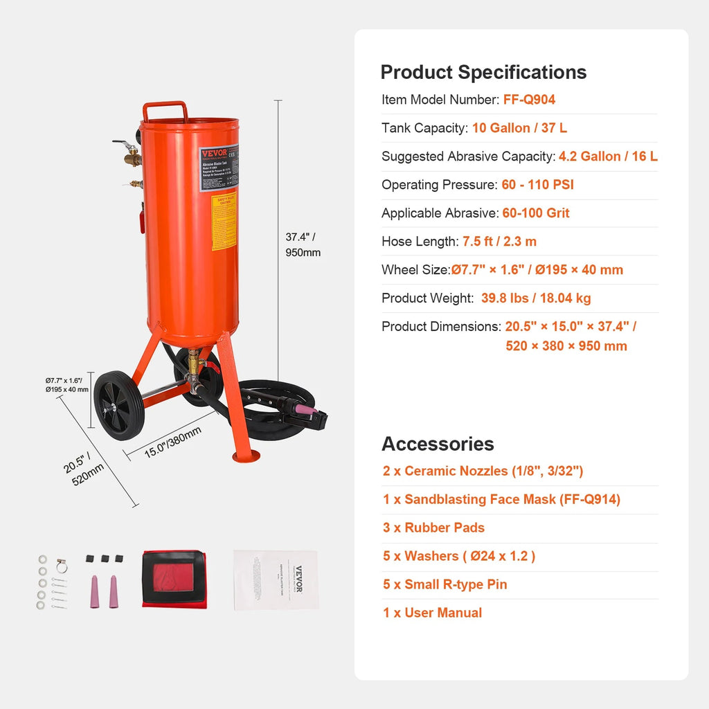 5/10/20 Gallon Sand Blaster 60-110 PSI Portable Air Sandblaster Kit w/ Oil-Water Separator for Paint Stain Rust Removal