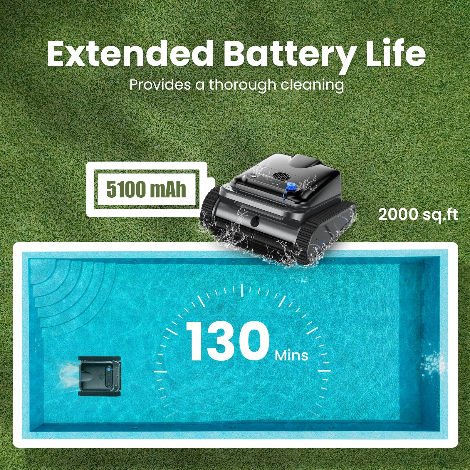Robot Swimming Pool Cleaner 130Mins Runtime Self-Parking Powerful Cordless Floor Wall Auto Cleaning