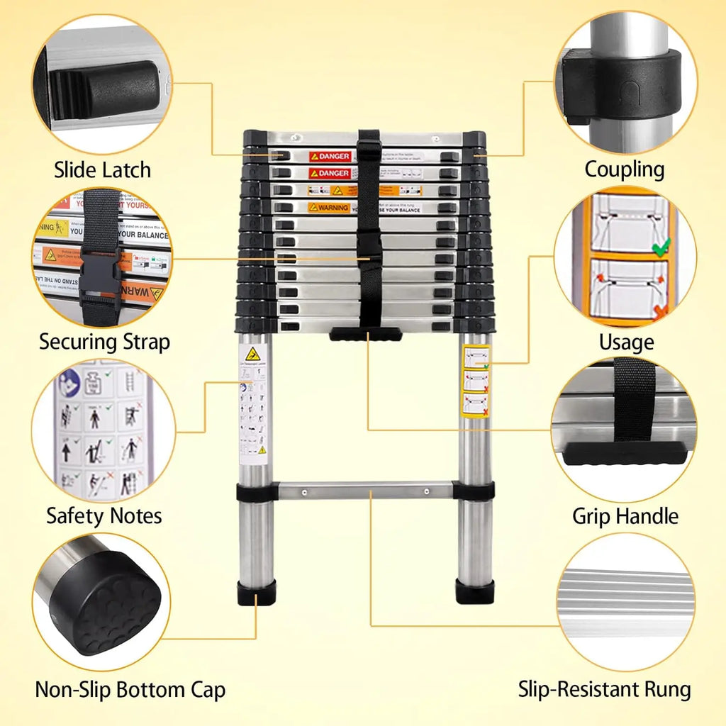 Telescoping Ladder Stainless Steel Folding Ladder Portable Extendable Loft Ladder Capacity Max Load 150kg/330lb,EN131
